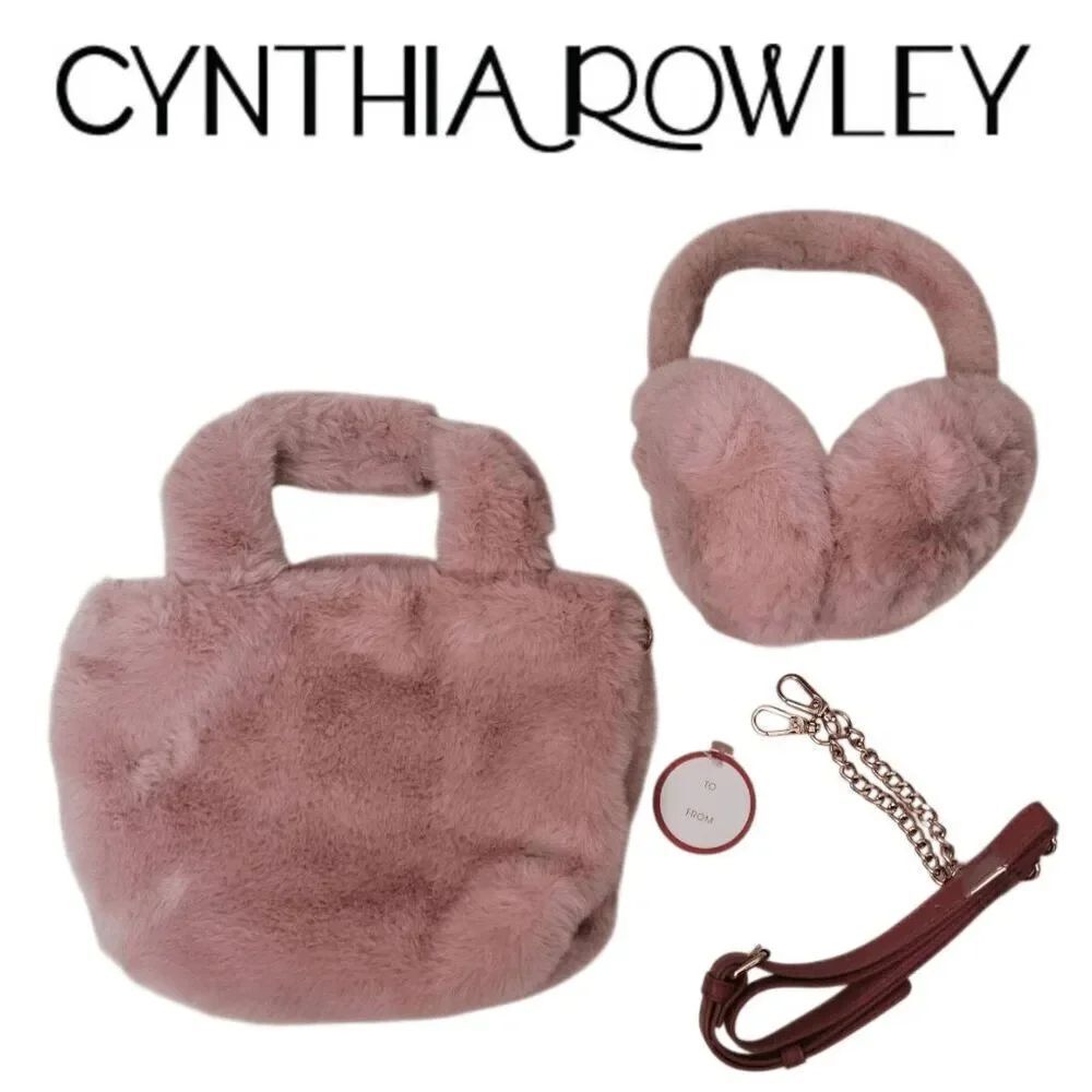 NWT 2PCS Gift Set CYNTHIA ROWLEY Pink Fluffy Tote Faux Fur Handbag Ear Muffs